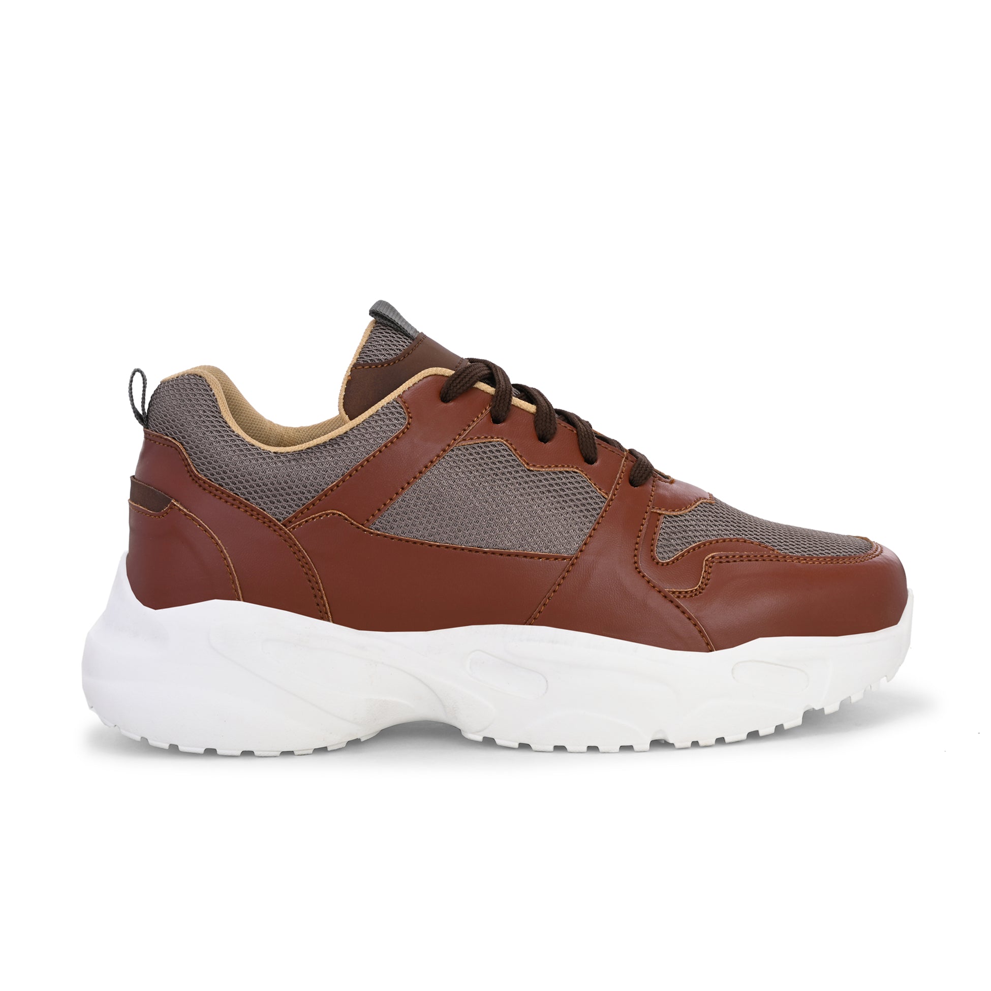 brown and grey mesh Men's casual sneakers with a chunky white sole, offering a stylish and comfortable look.