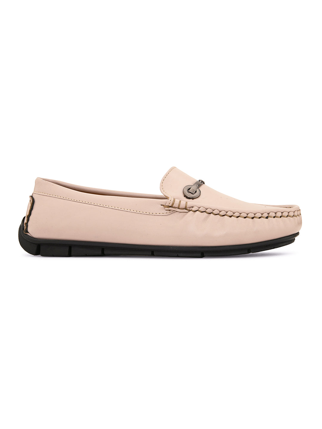 Beige leather loafer with black sole and silver buckle detail. add women's casual slip on loafers