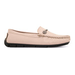 Beige leather loafer with black sole and silver buckle detail. add women's casual slip on loafers