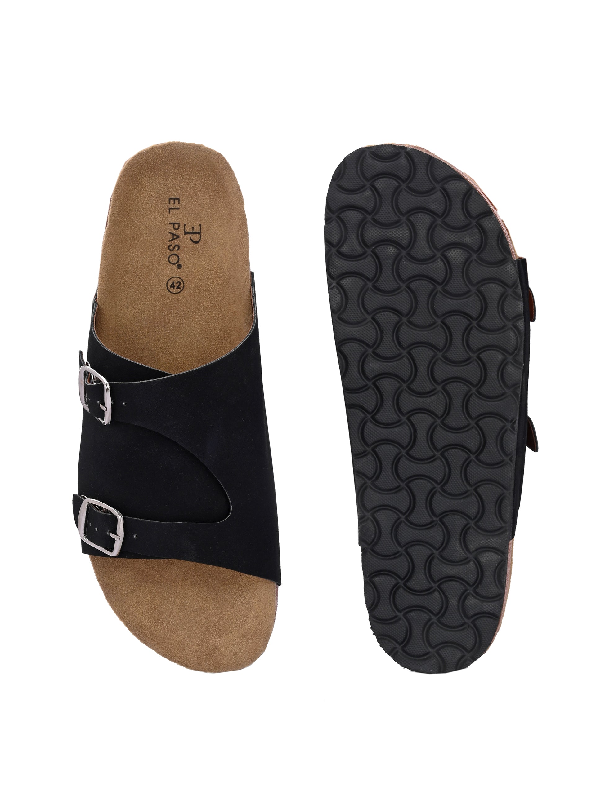 Men's casual Dark Black sandals with slip-on style and buckle strap