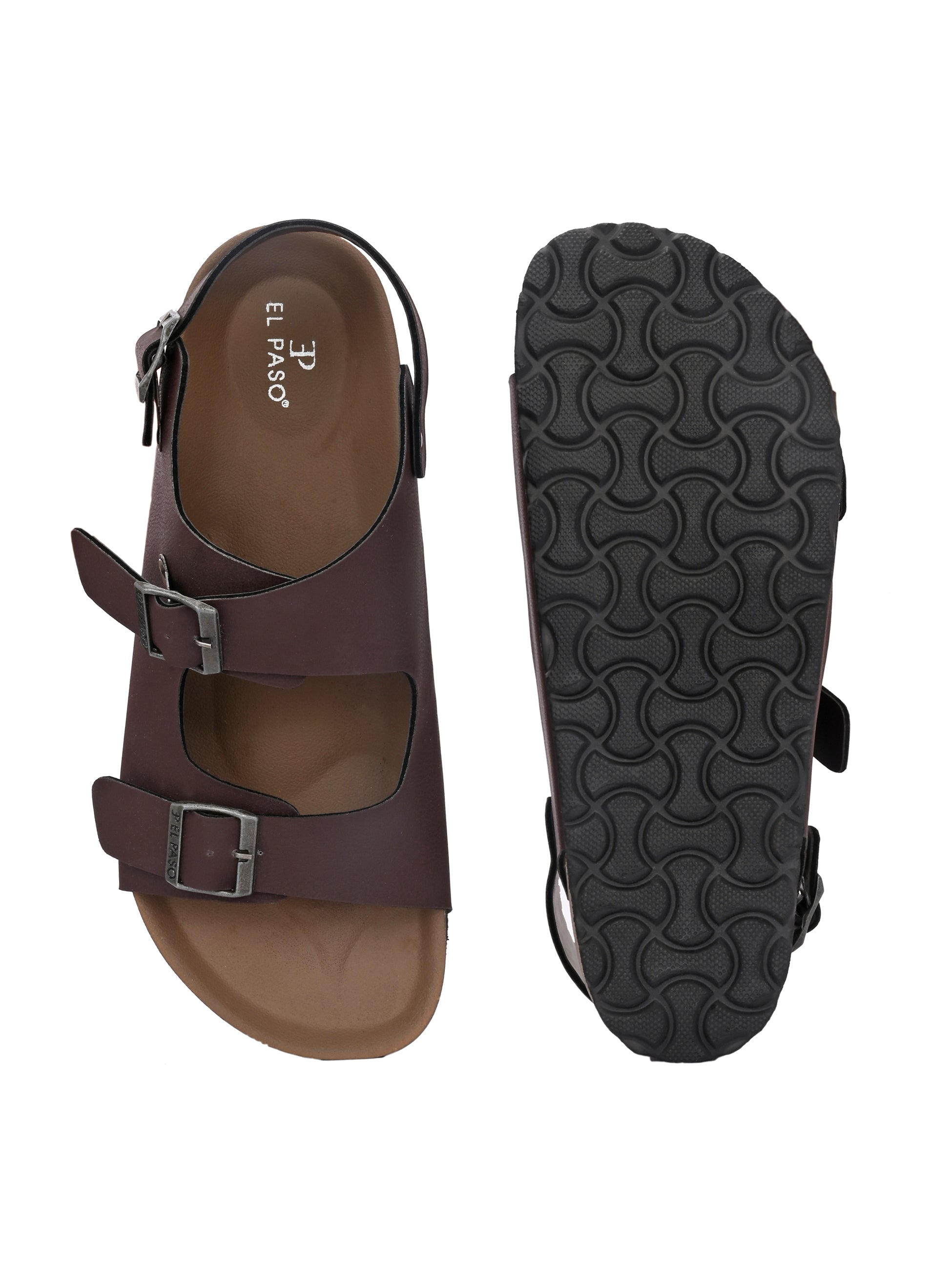 Brown Men's casual flat heel buckle strap sandal with back strap closure 