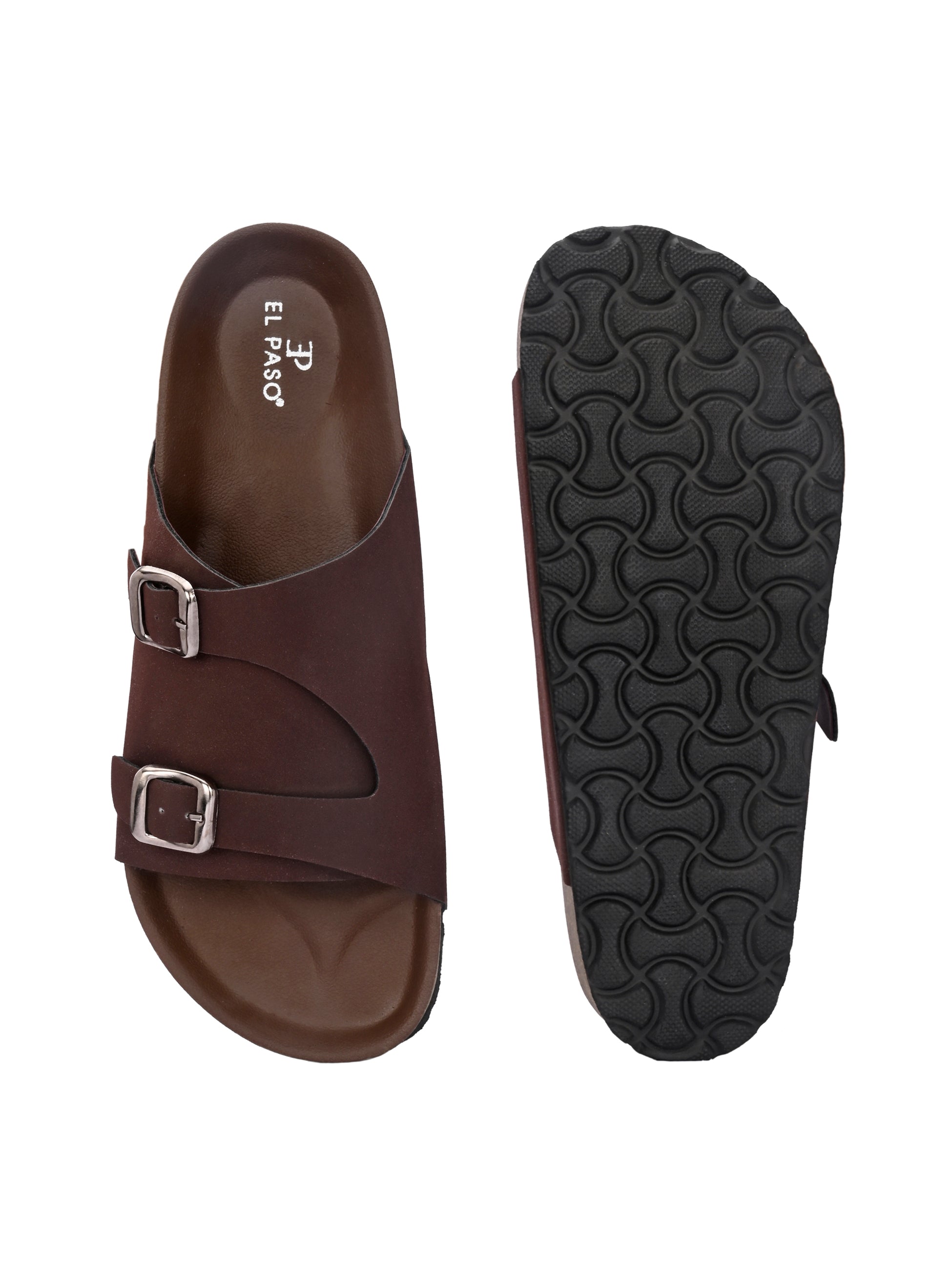 Brown Men's casual buckle strap sandal with slip-on closure