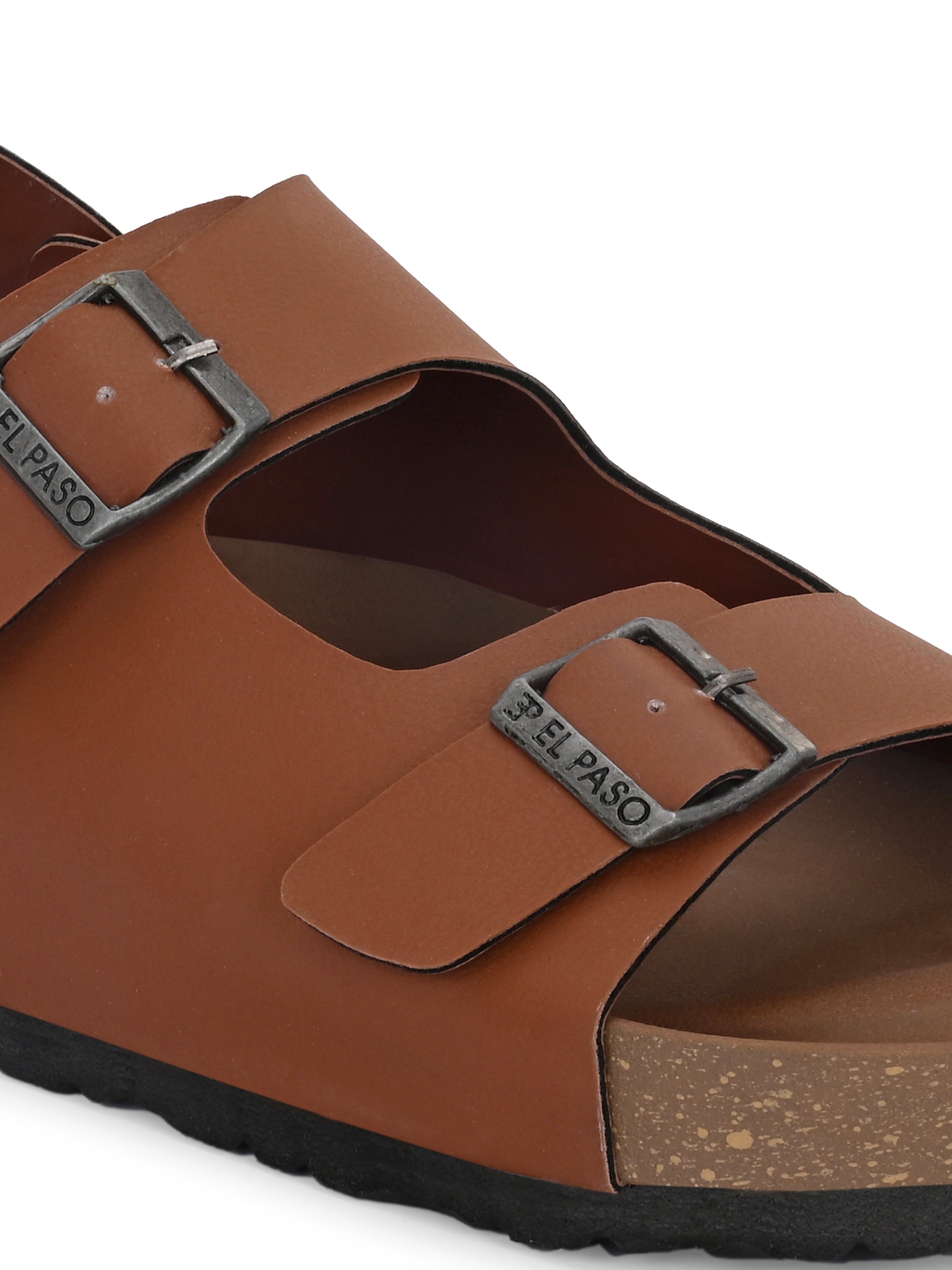 Tan Men's casual flat heel buckle strap sandal with back strap closure