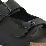 Black Men's casual flat heel buckle strap sandal with back strap closure 