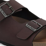 Brown Men's casual flat heel buckle strap sandal with back strap closure 