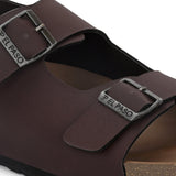 Brown Men's casual flat heel buckle strap sandal with back strap closure 