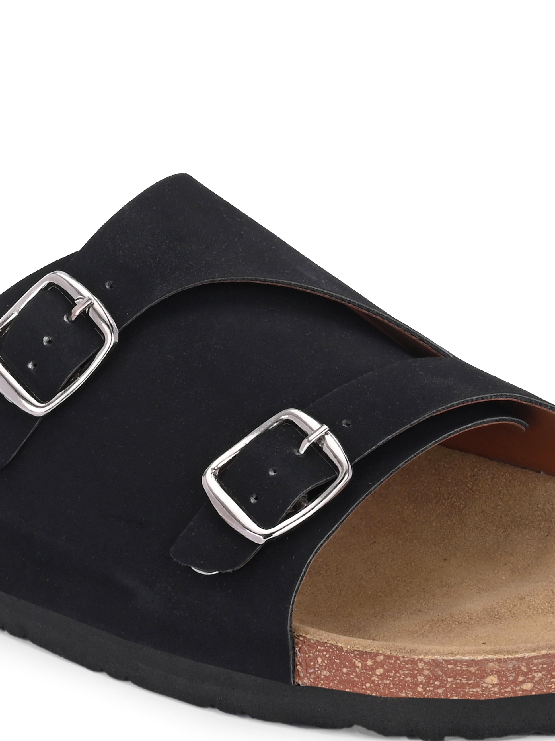 Men's casual Dark Black sandals with slip-on style and buckle strap