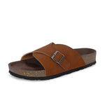 Tan Men's casual flat heel with buckle strap slip-on sandal