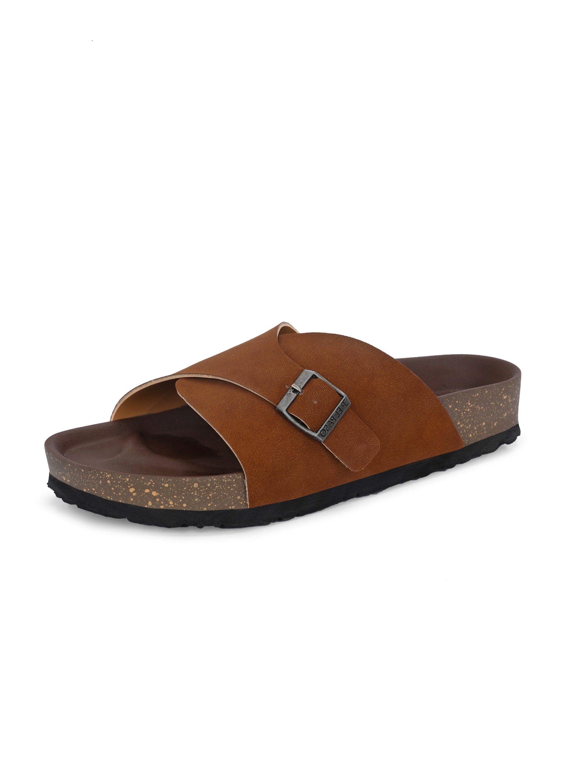 Tan Men's casual flat heel with buckle strap slip-on sandal