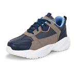 Navy blue and beige sneakers with a sporty chunky white sole