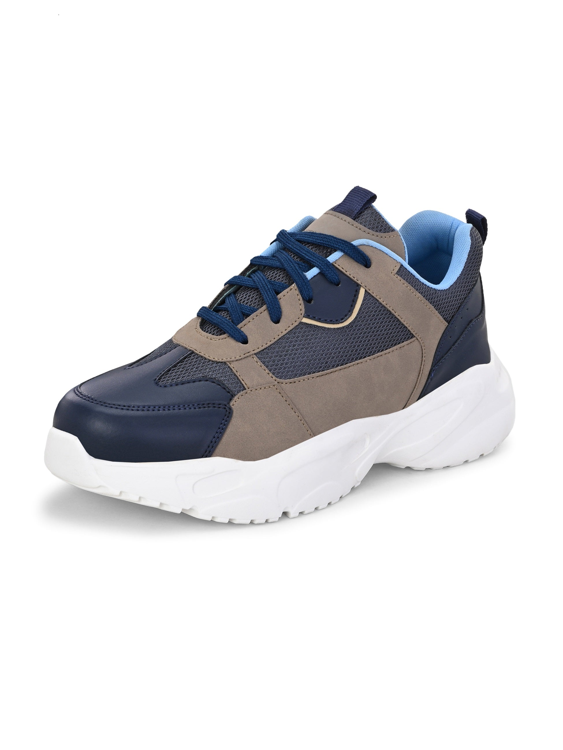 Navy blue and beige sneakers with a sporty chunky white sole