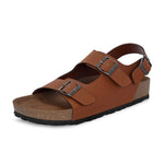 Tan Men's casual flat heel buckle strap sandal with back strap closure