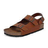 Tan Men's casual flat heel buckle strap sandal with back strap closure