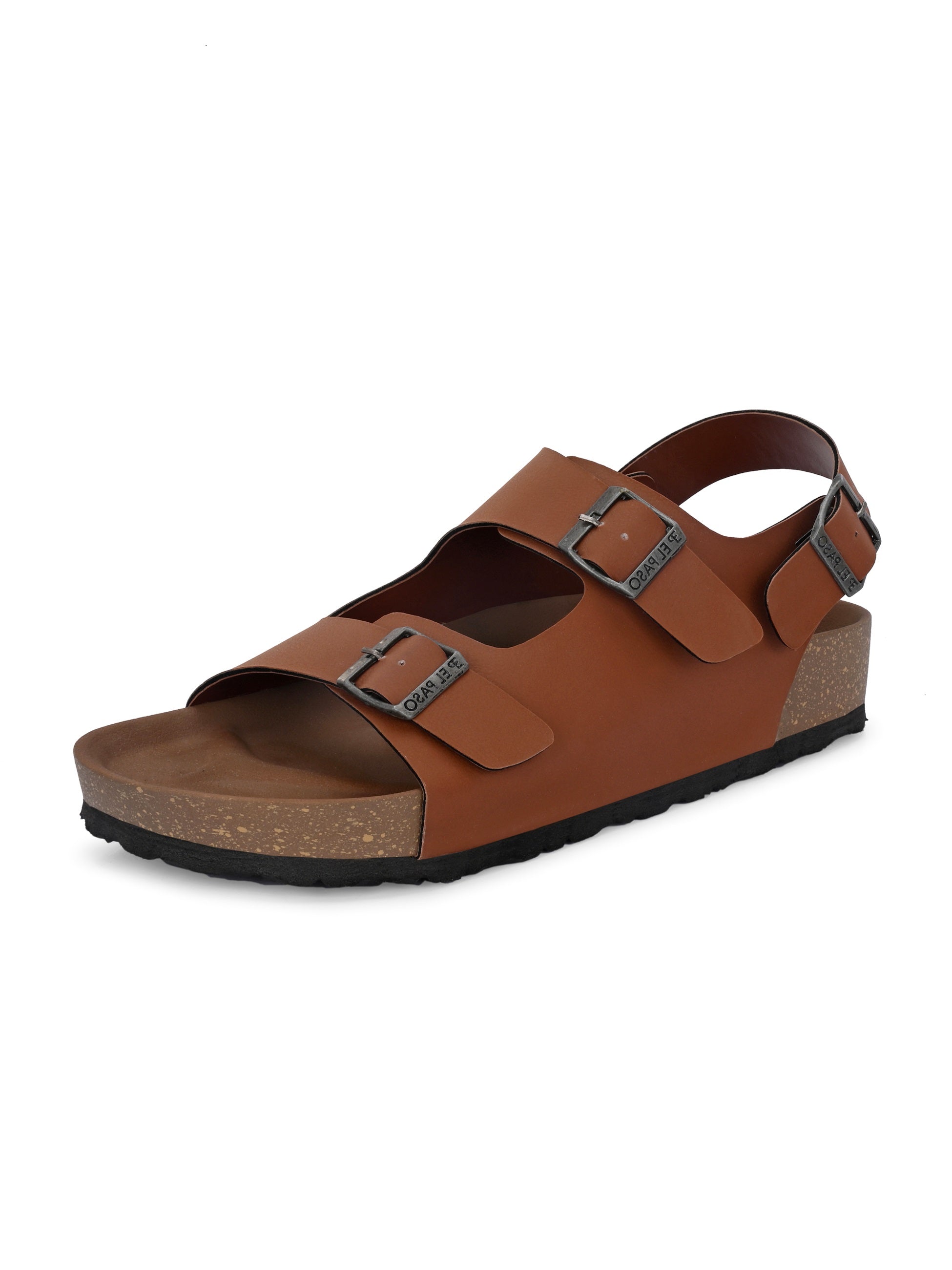 Tan Men's casual flat heel buckle strap sandal with back strap closure