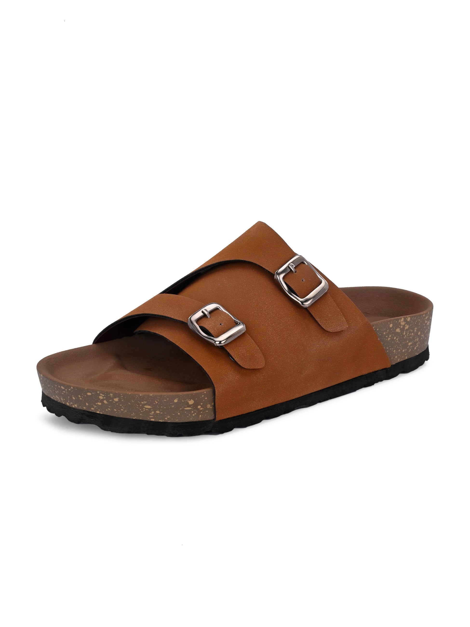 Tan Men's casual buckle strap sandal with slip-on closure