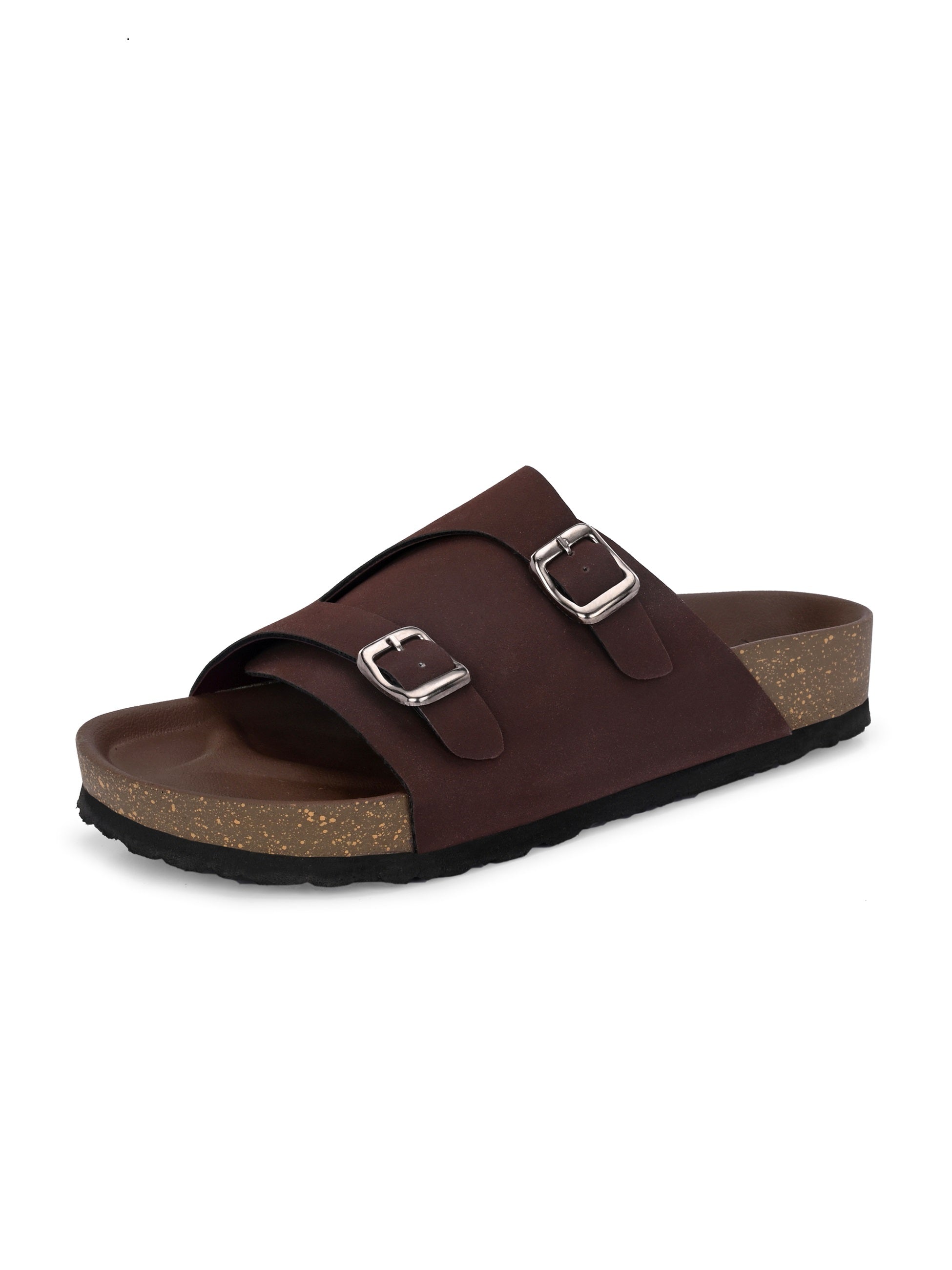 Brown Men's casual buckle strap sandal with slip-on closure