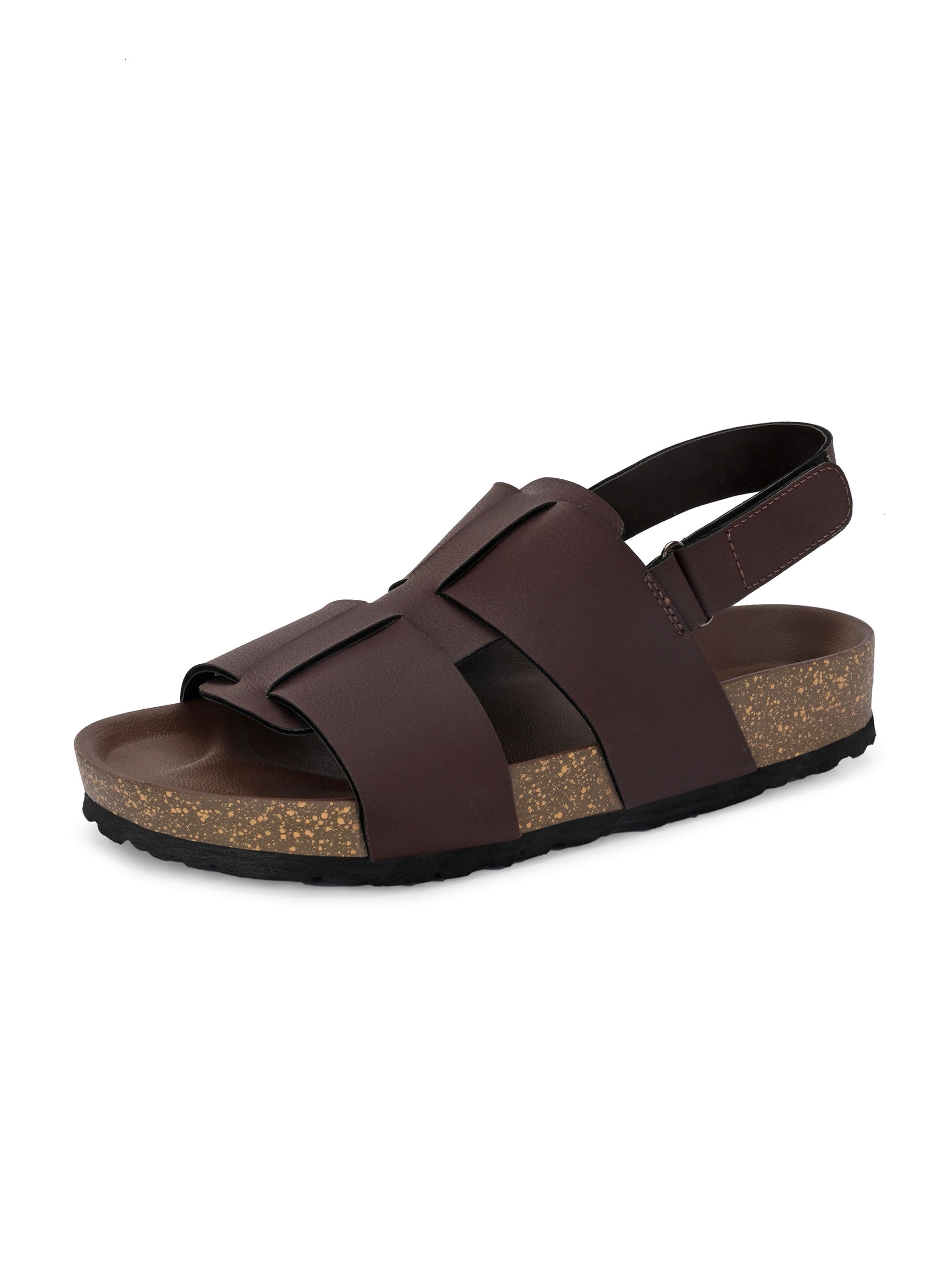 Brown Men's casual  flat heel buckle strap sandal with back strap closure