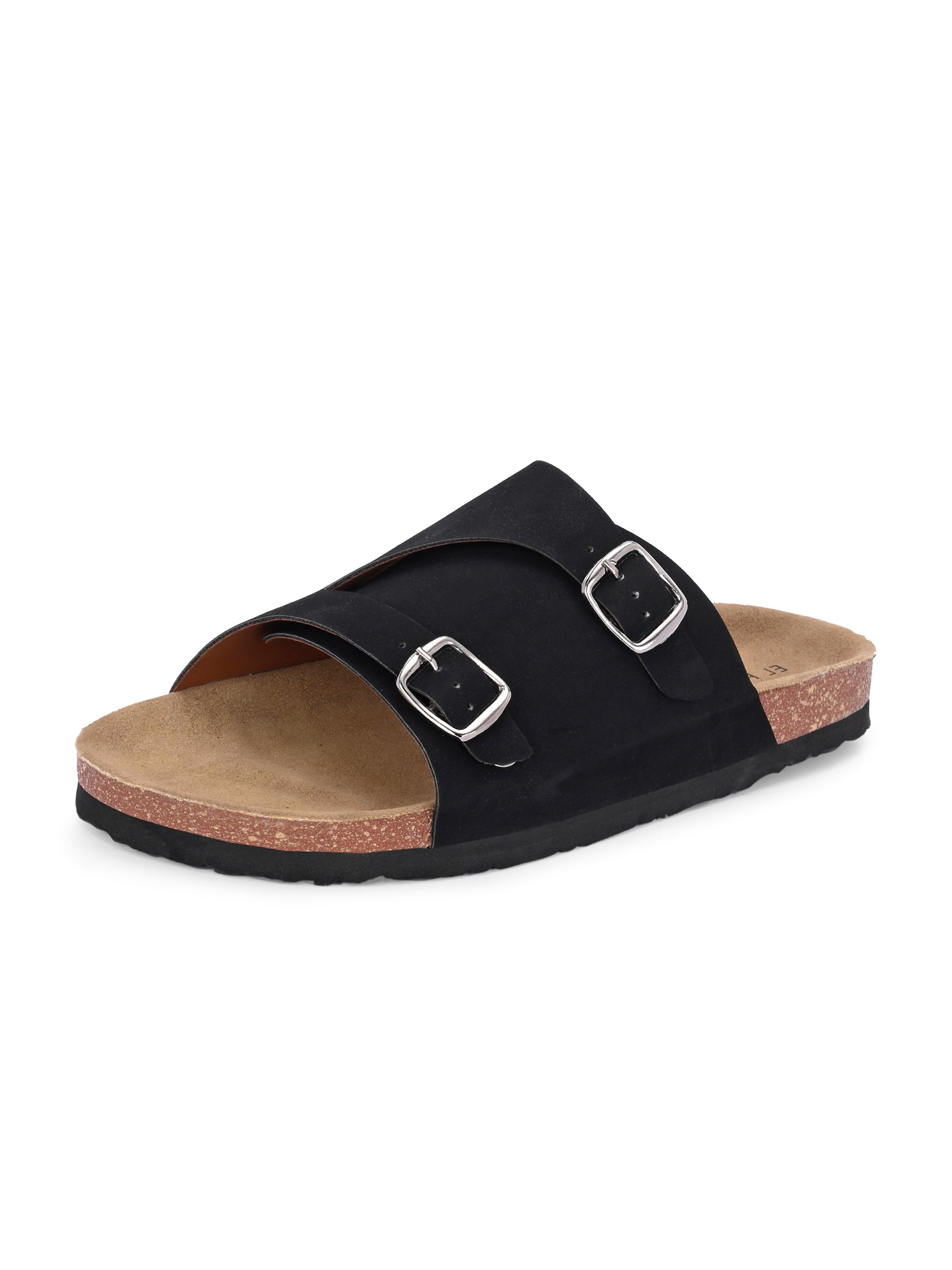 Men's casual Dark Black sandals with slip-on style and buckle strap