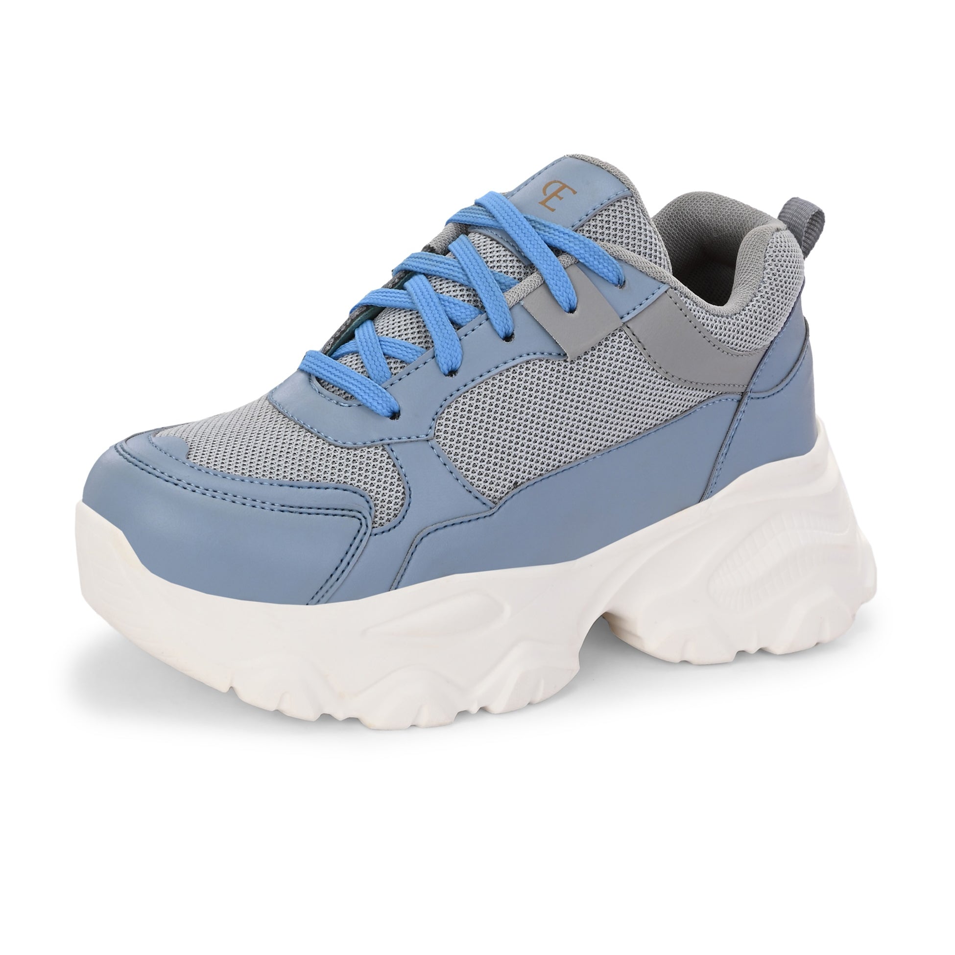 A chunky sneaker with a gray mesh upper, blue leather panels, blue laces, and a thick white sole.