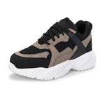 Stylish black and beige sneakers with a modern chunky white sole.