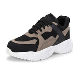 Stylish black and beige sneakers with a modern chunky white sole.