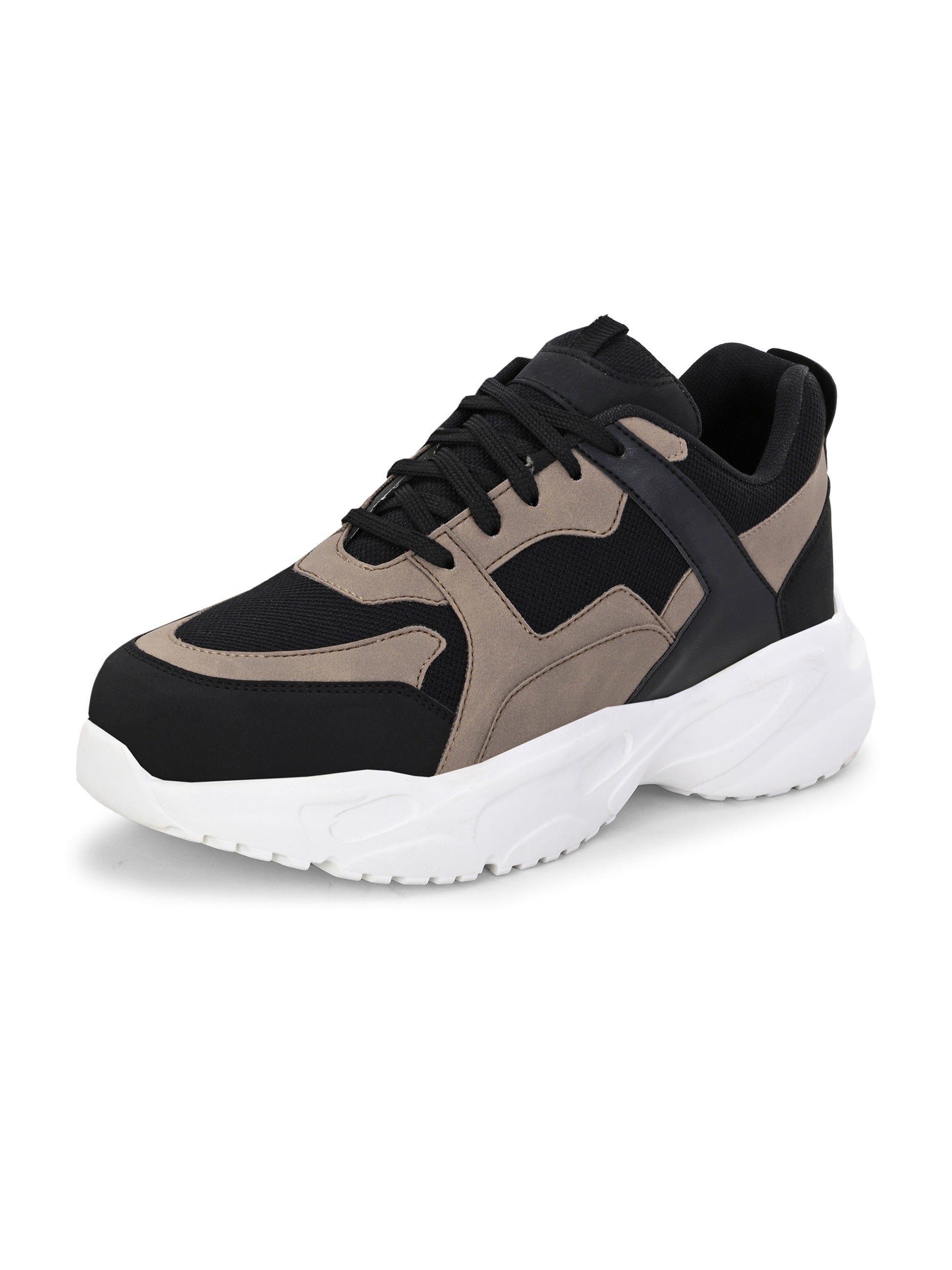 Stylish black and beige sneakers with a modern chunky white sole.