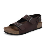 Brown Men's casual flat heel buckle strap sandal with back strap closure 