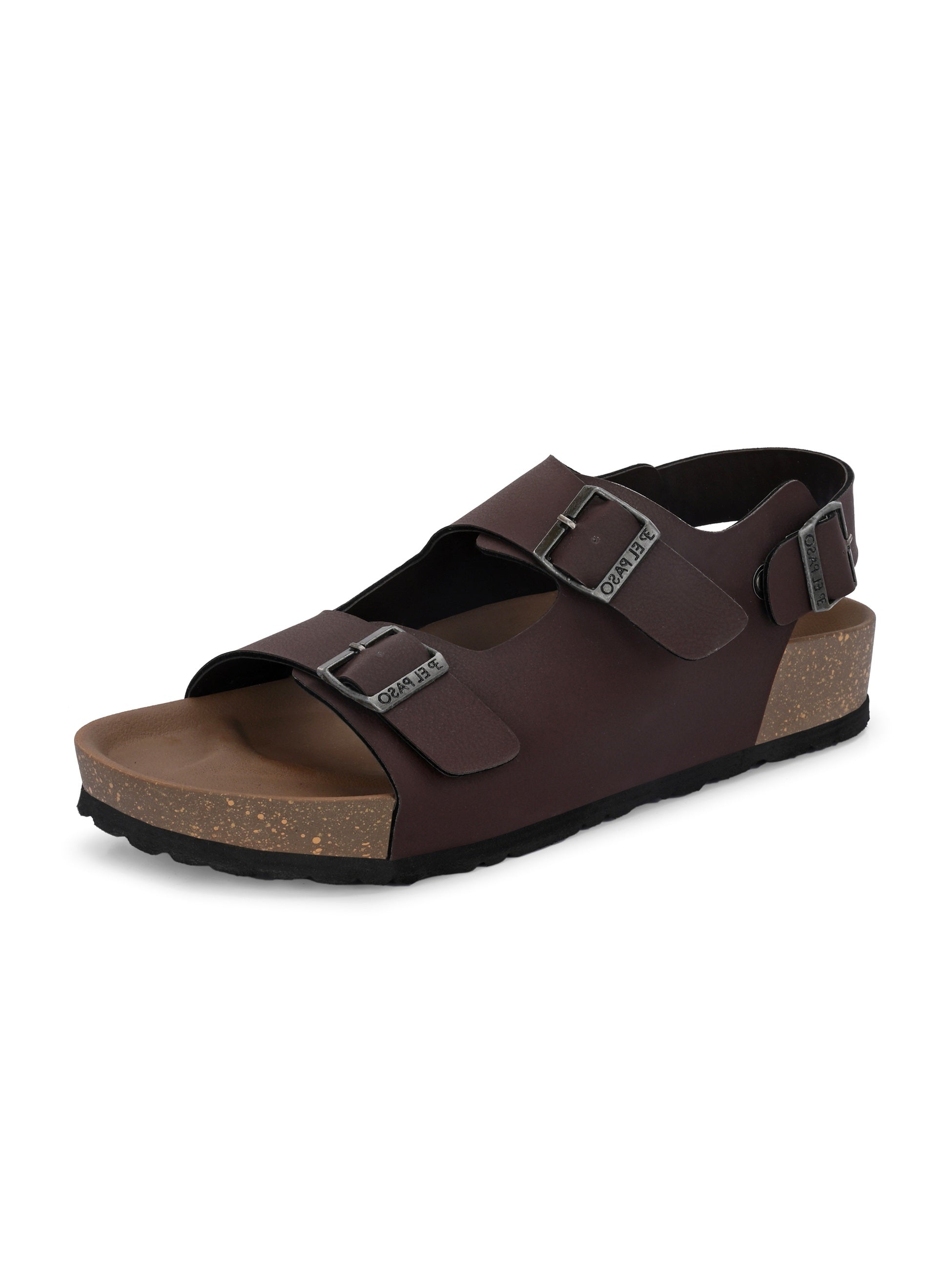 Brown Men's casual flat heel buckle strap sandal with back strap closure 