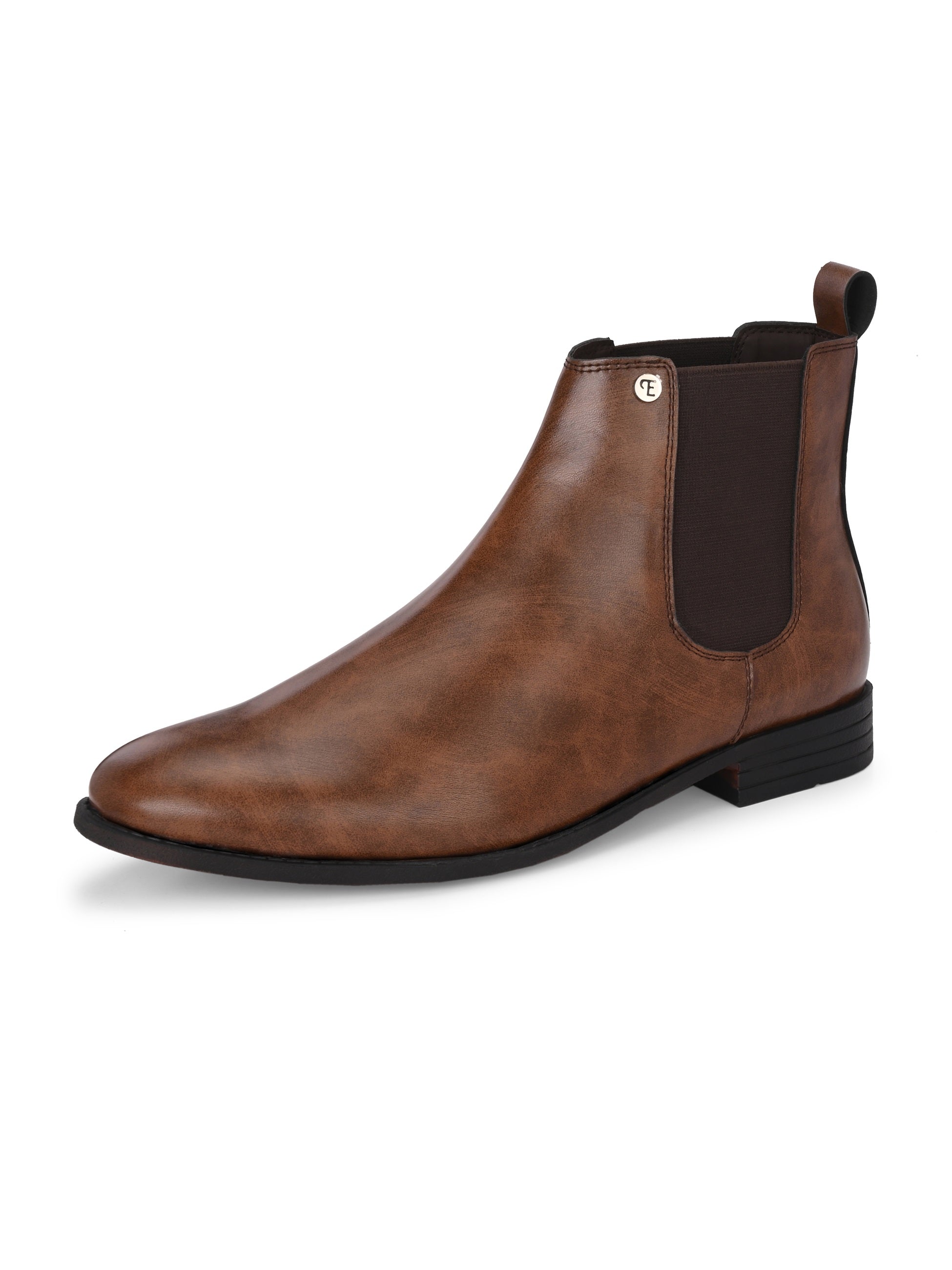 A sleek brown leather boot with elastic side panels, pull tab, low stacked heel, and a polished finish for a versatile look.