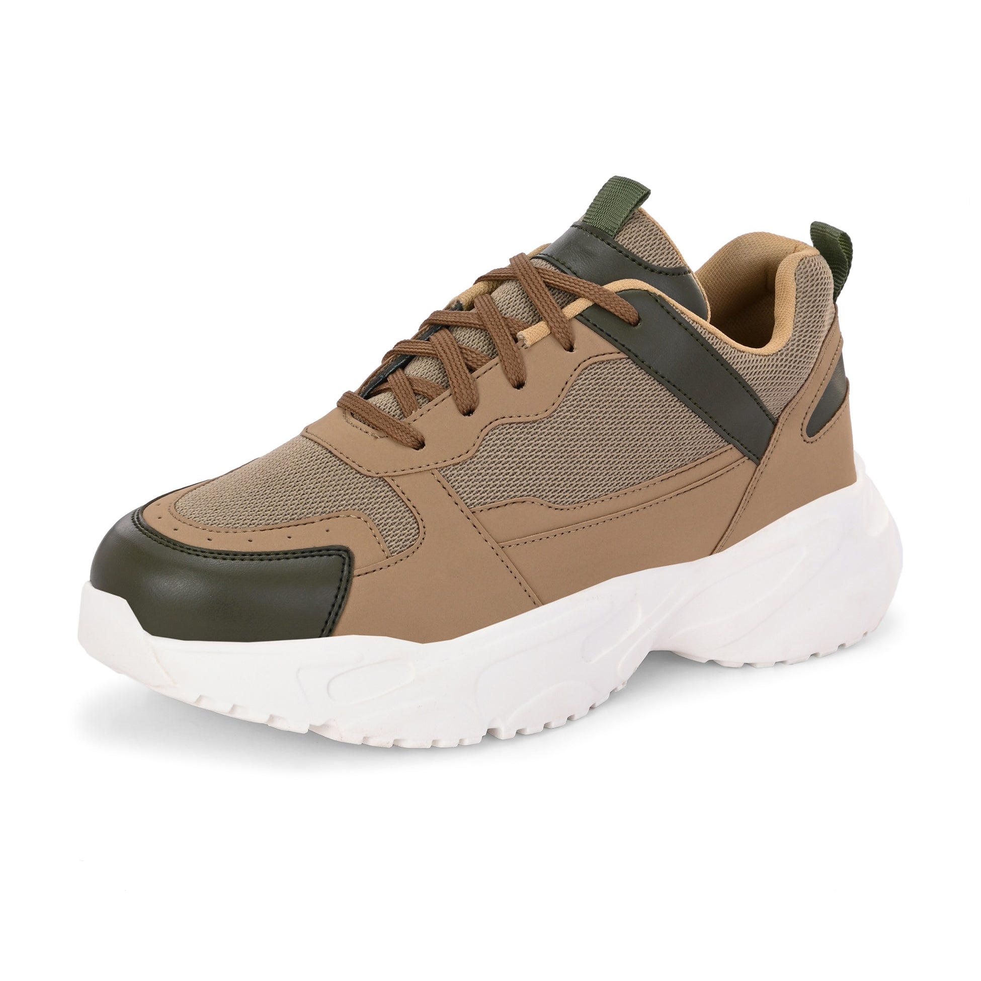 A Sneaker in Beige color with green texture and brown lace-up  