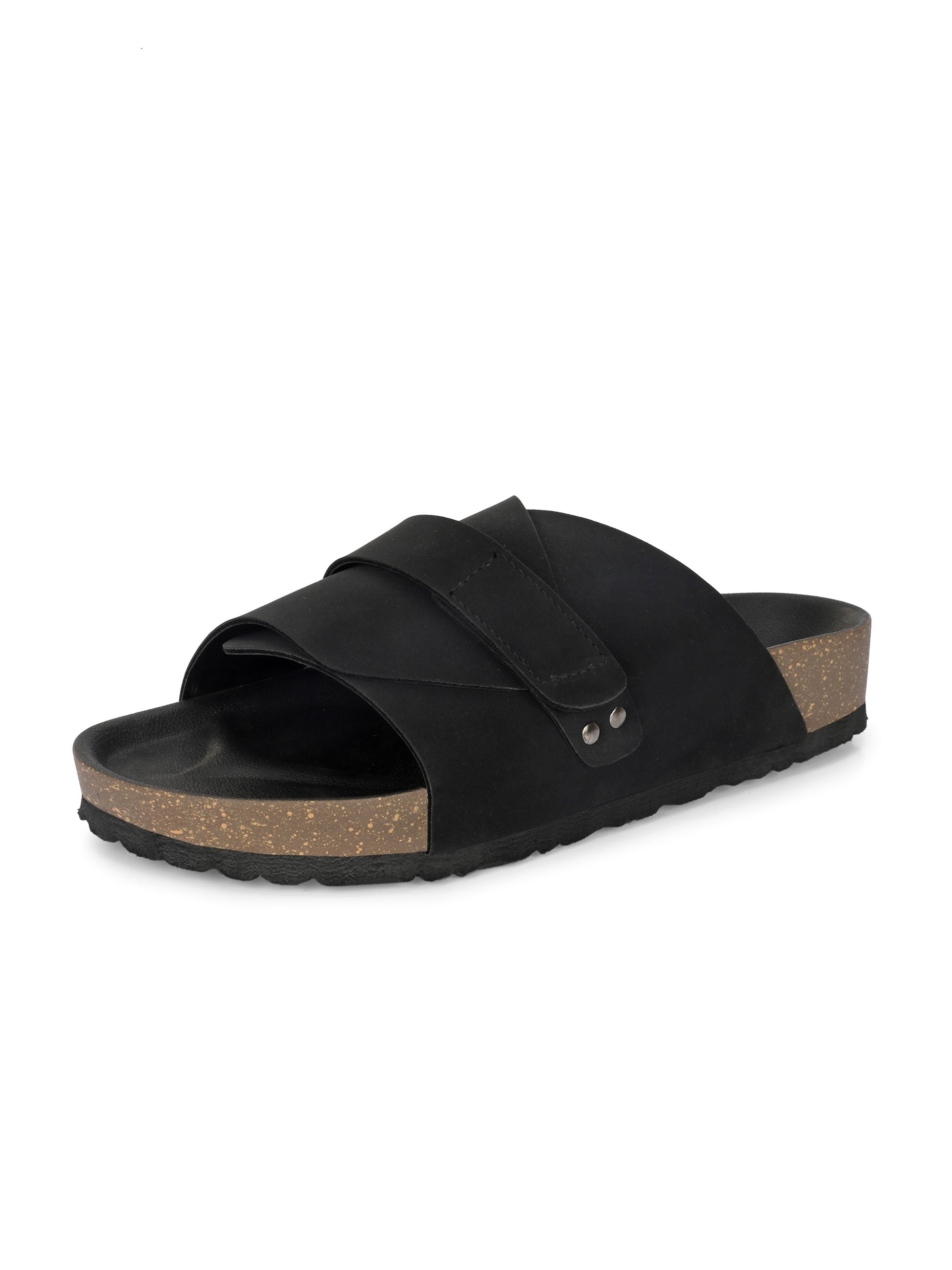 Black Men's casual flat heel strap sandal with slip-on closure 