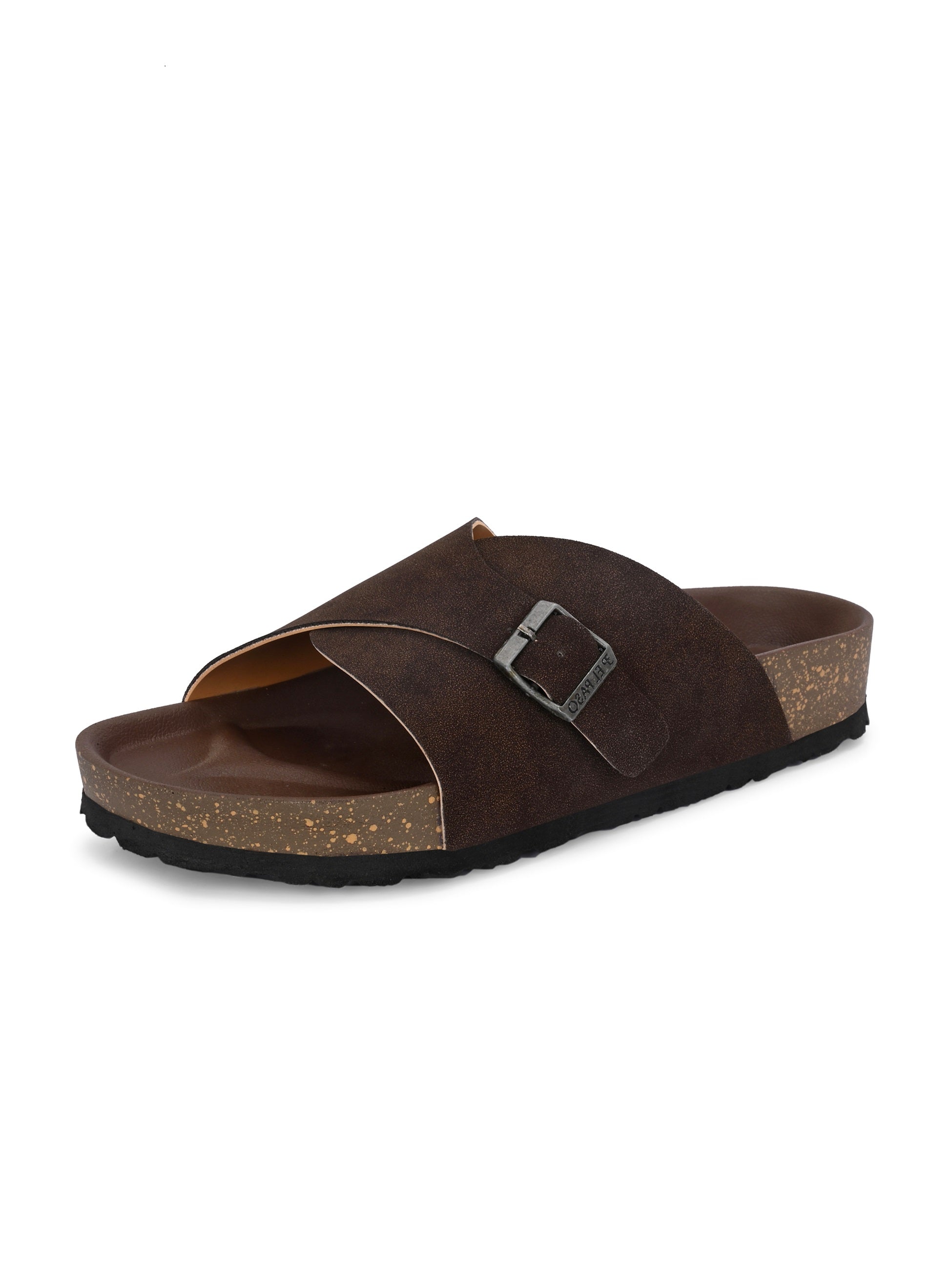 Brown Men's casual flat heel with buckle strap slip-on sandal