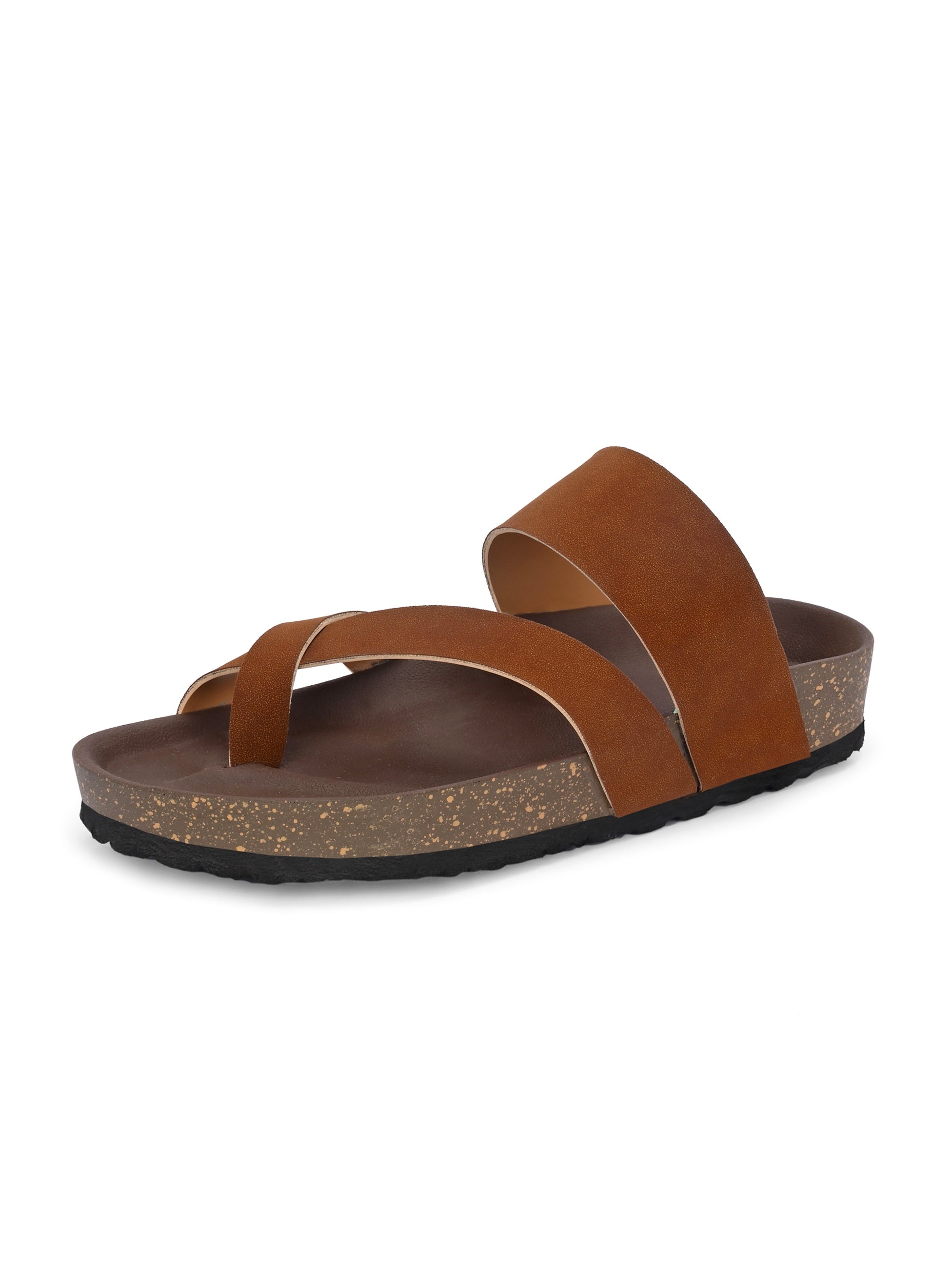 Tan Men's casual flat heel one-toe buckle strap closure sandal