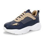 Navy blue and beige sneakers with a sleek design and durable chunky sole, perfect for a modern and stylish look. These are sleek design sneakers for men, combining comfort and fashion.