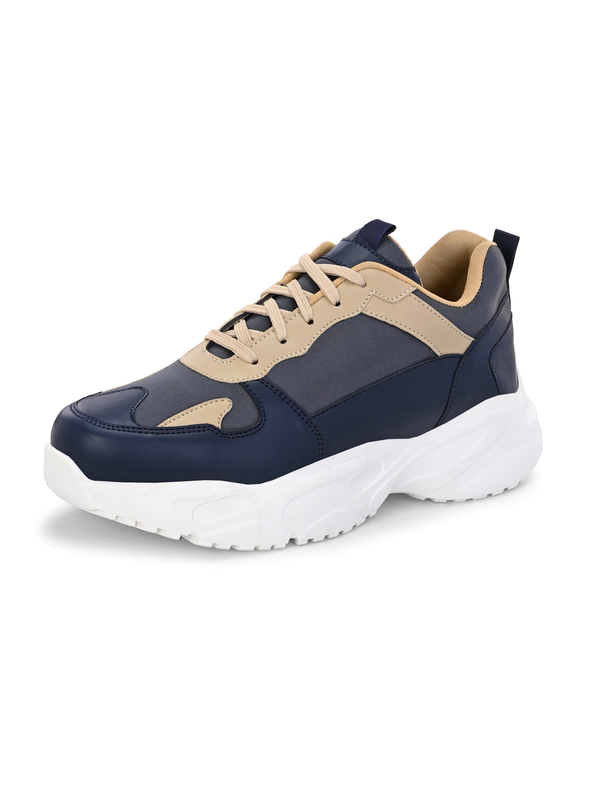 Navy blue and beige sneakers with a sleek design and durable chunky sole, perfect for a modern and stylish look. These are sleek design sneakers for men, combining comfort and fashion.