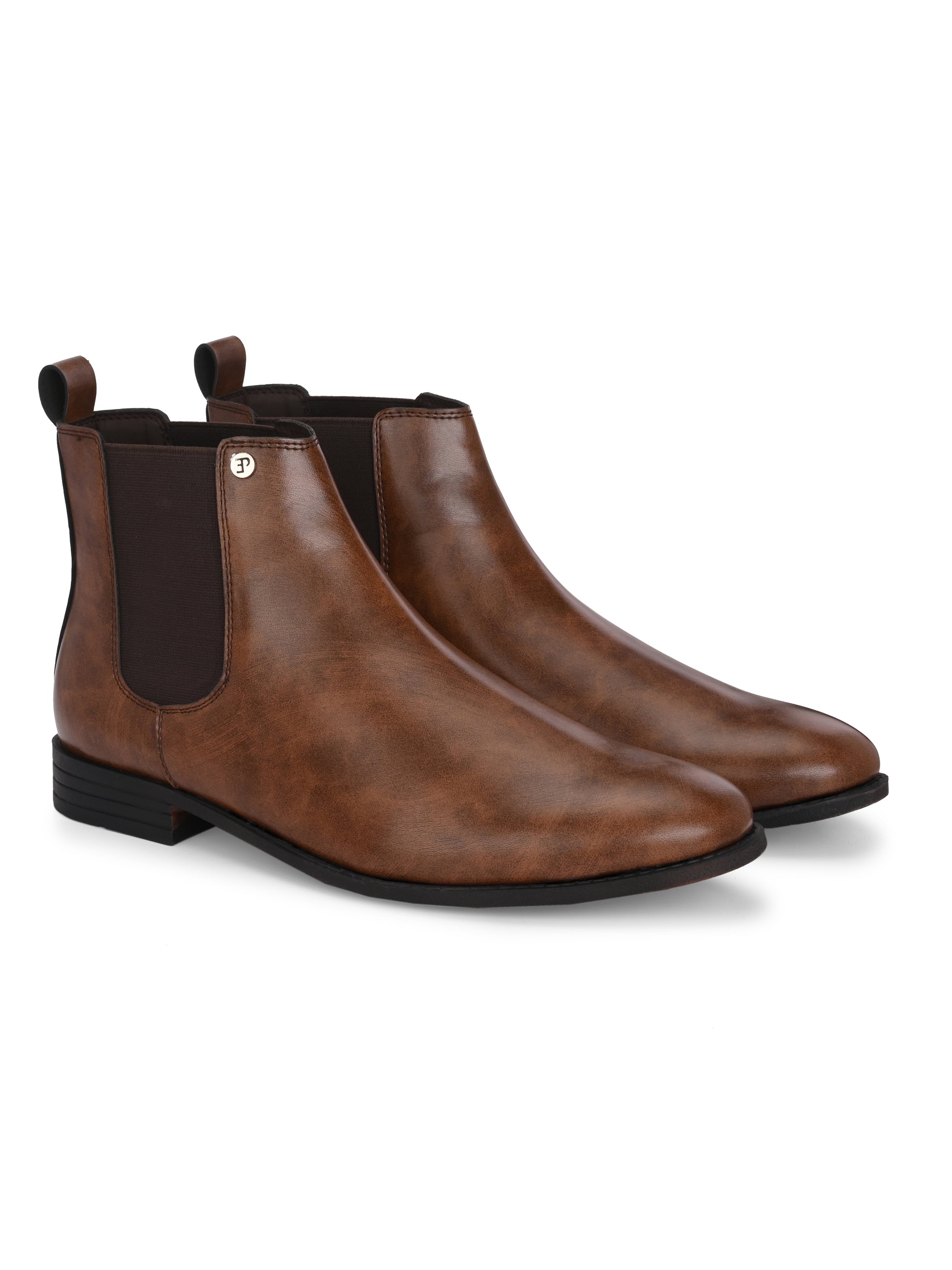 A sleek brown leather boot with elastic side panels, pull tab, low stacked heel, and a polished finish for a versatile look.