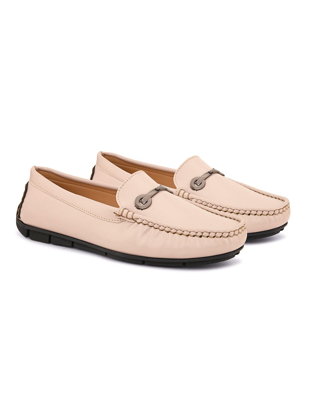 Women's Casual Slip-On Loafers in beige leather with a black sole and silver buckle detail for a stylish and comfortable look.