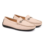 Women's Casual Slip-On Loafers in beige leather with a black sole and silver buckle detail for a stylish and comfortable look.