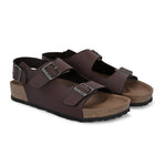 Brown Men's casual flat heel buckle strap sandal with back strap closure 