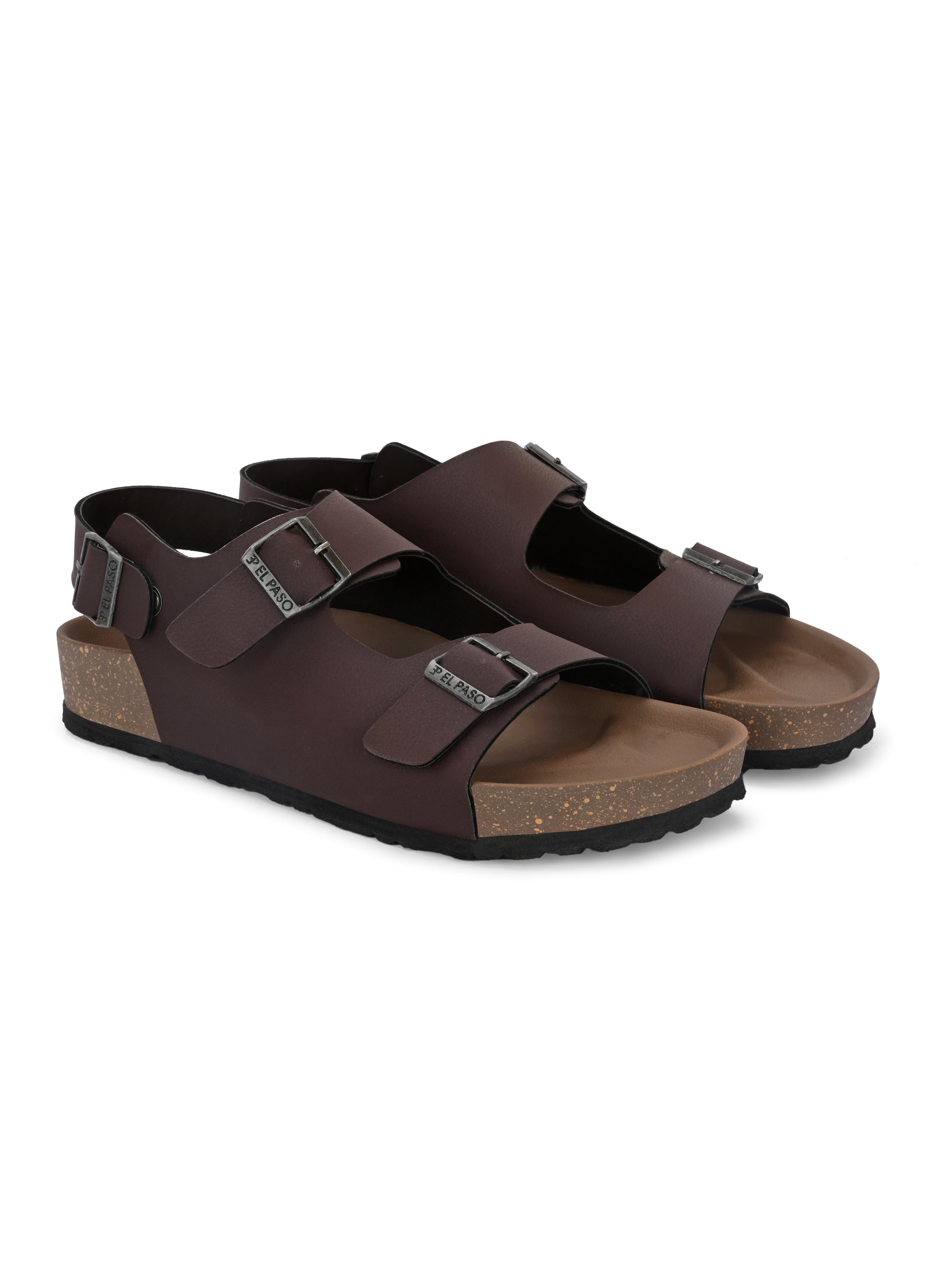 Brown Men's casual flat heel buckle strap sandal with back strap closure 