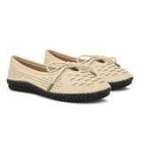 A beige Women Bows Ballerina Flats with a perforated and woven upper, round toe, metallic-tipped bow detail, and a flexible black rubber outsole for comfort and casual wear.