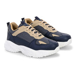 Navy blue and beige sneakers with a sleek design and durable chunky sole, perfect for a modern and stylish look. These are sleek design sneakers for men, combining comfort and fashion.