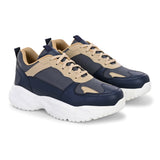 Navy blue and beige sneakers with a sleek design and durable chunky sole, perfect for a modern and stylish look. These are sleek design sneakers for men, combining comfort and fashion.