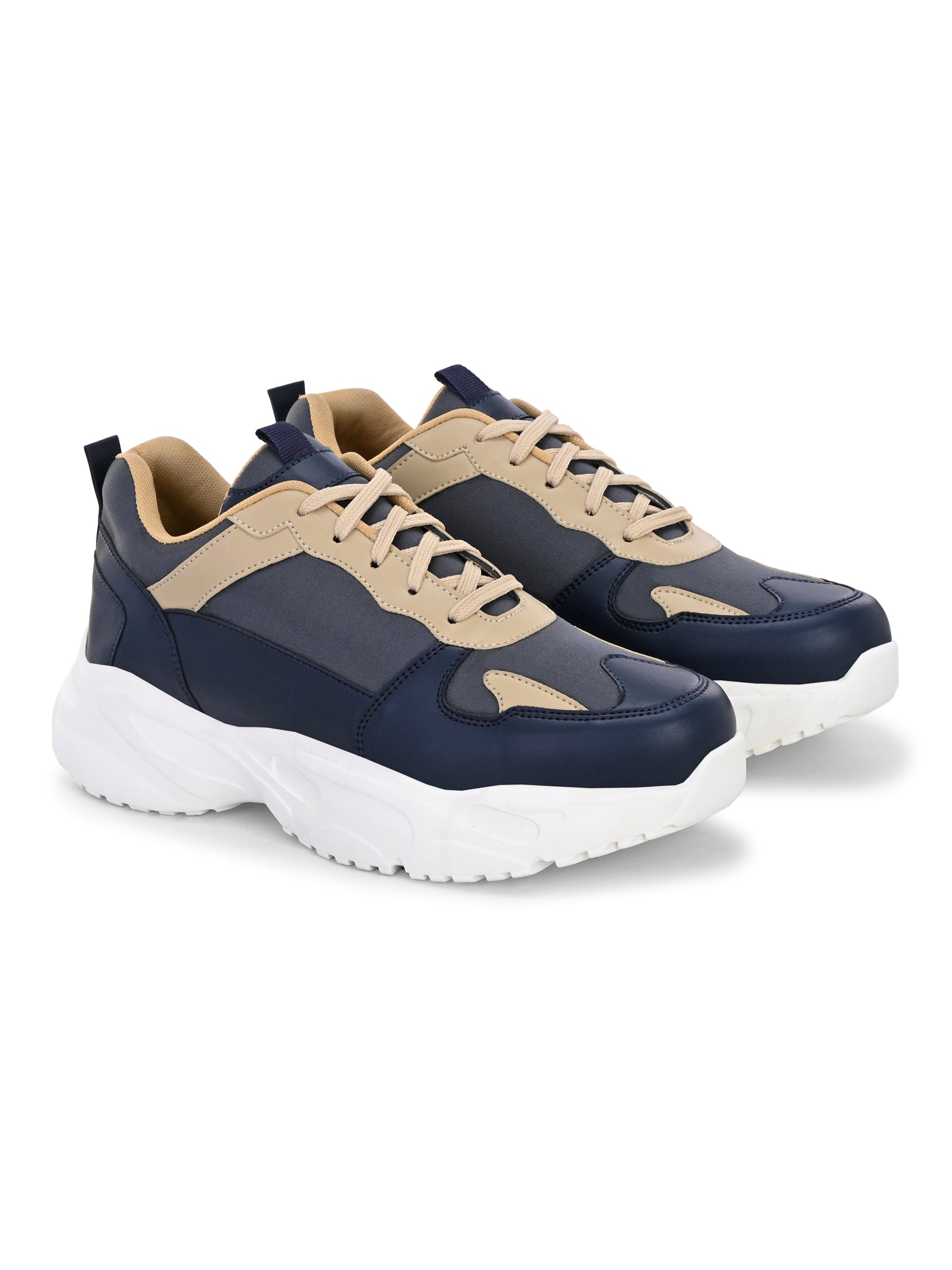 Navy blue and beige sneakers with a sleek design and durable chunky sole, perfect for a modern and stylish look. These are sleek design sneakers for men, combining comfort and fashion.