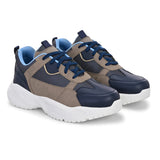 Navy blue and beige sporty sneakers for men with a chunky white sole, designed for a modern, athletic look with a bold, sporty aesthetic