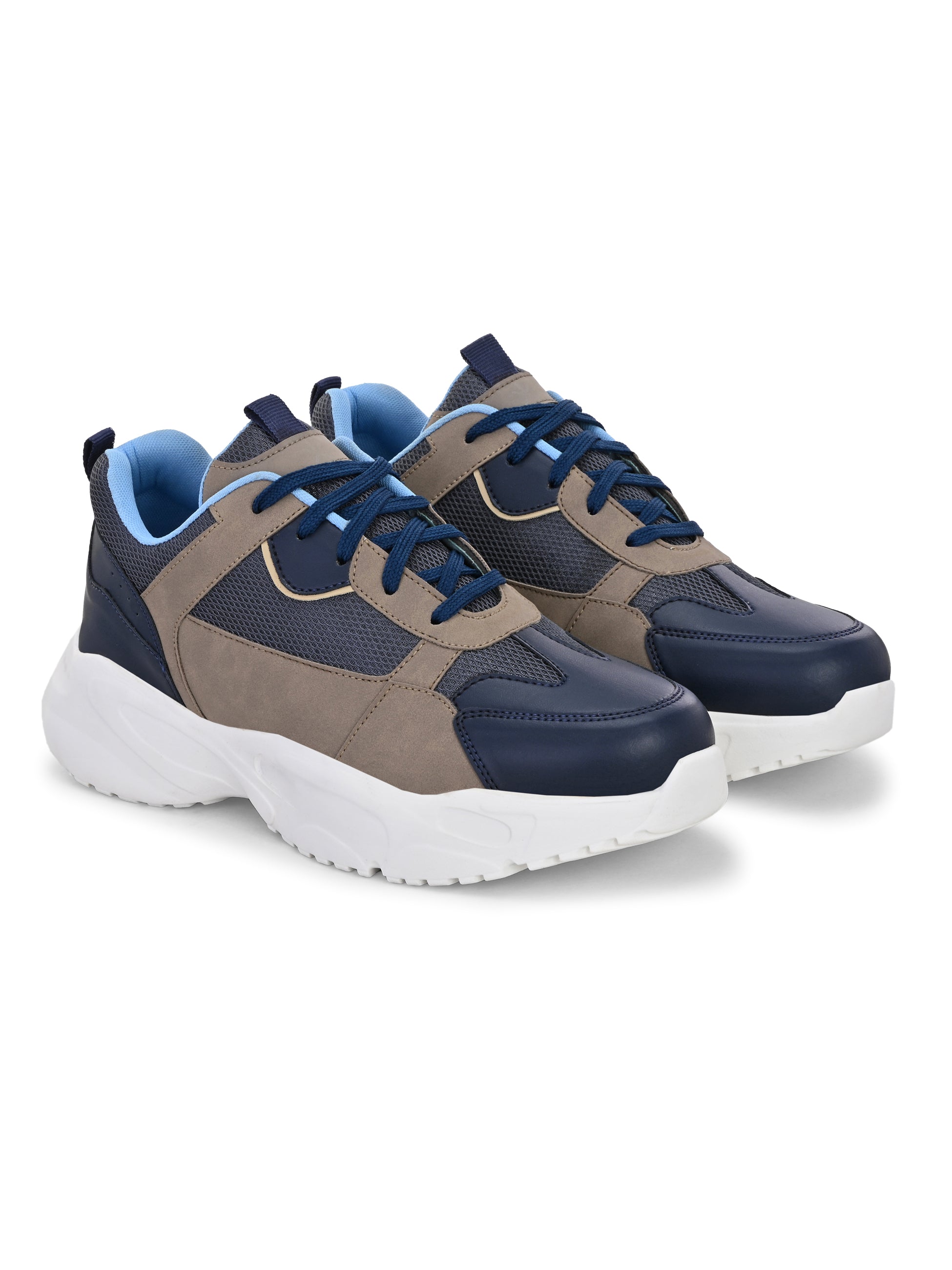 Navy blue and beige sporty sneakers for men with a chunky white sole, designed for a modern, athletic look with a bold, sporty aesthetic