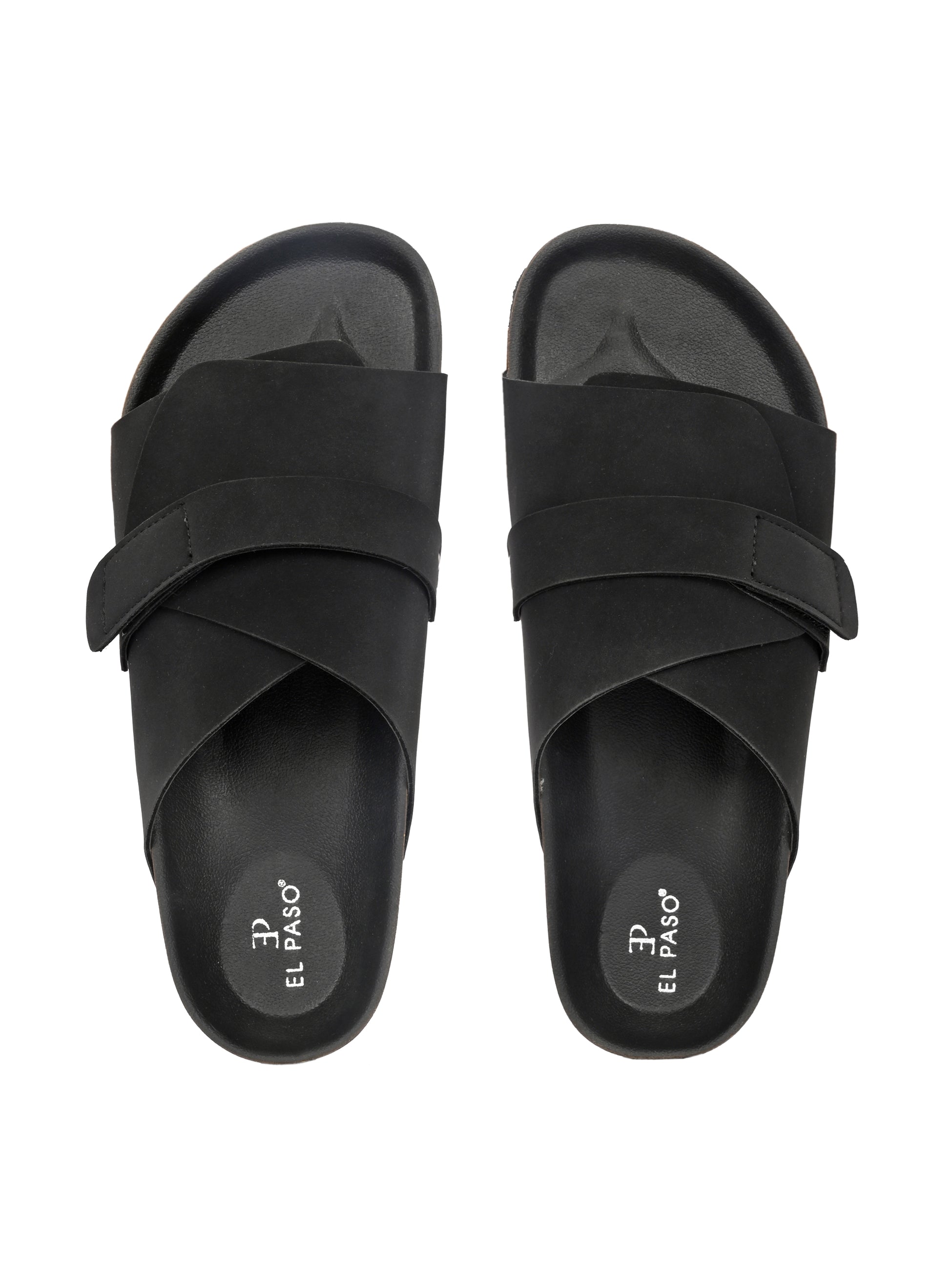 Black Men's casual flat heel strap sandal with slip-on closure 