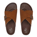 Tan Men's casual flat heel with buckle strap slip-on sandal