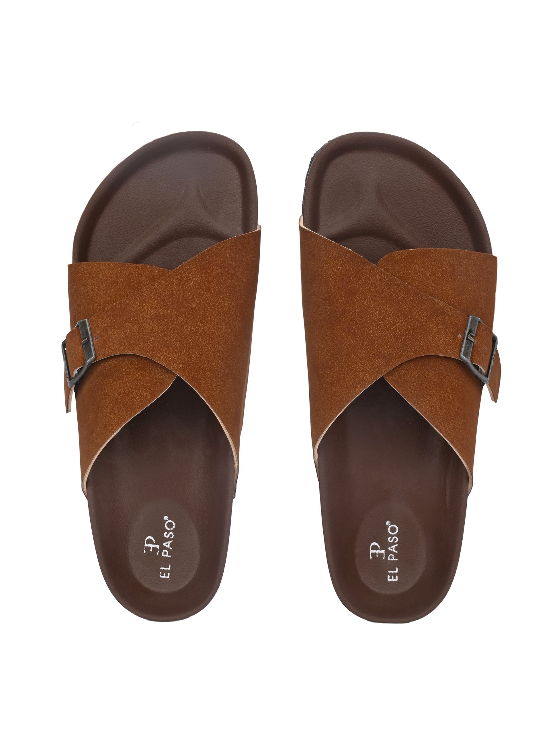 Tan Men's casual flat heel with buckle strap slip-on sandal