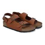 Tan Men's casual flat heel buckle strap sandal with back strap closure